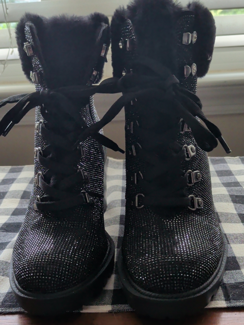 New -JLO Women's Black Sparkle Faux-Fur Lace-Up Ankle Boots